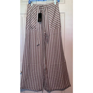 Chaser Women's Striped Tan White Blue Wide Leg Pull-on Belted Pants Size S‎